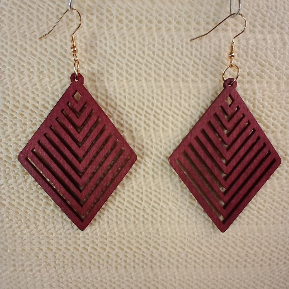 BOHO RED WOODEN Bohemian Diamond Drop Laser Cut 3.5" Earrings